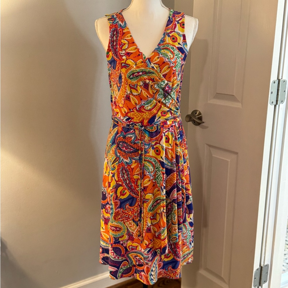 Ralph Lauren midi DRESS multi-color FLORAL/Paisley faux wrap  Size M stretch